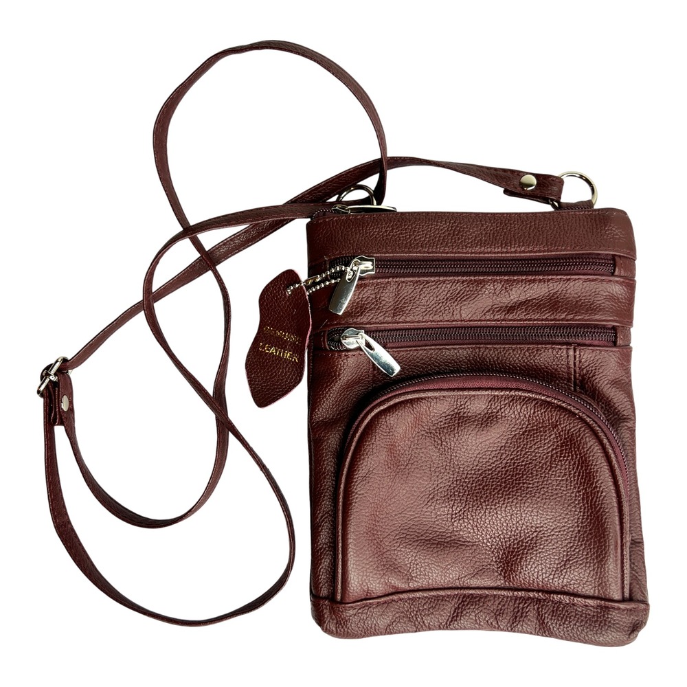 Genuine Leather Burgundy Crossbody Bag for Women Multi-Zip Shoulder Purse